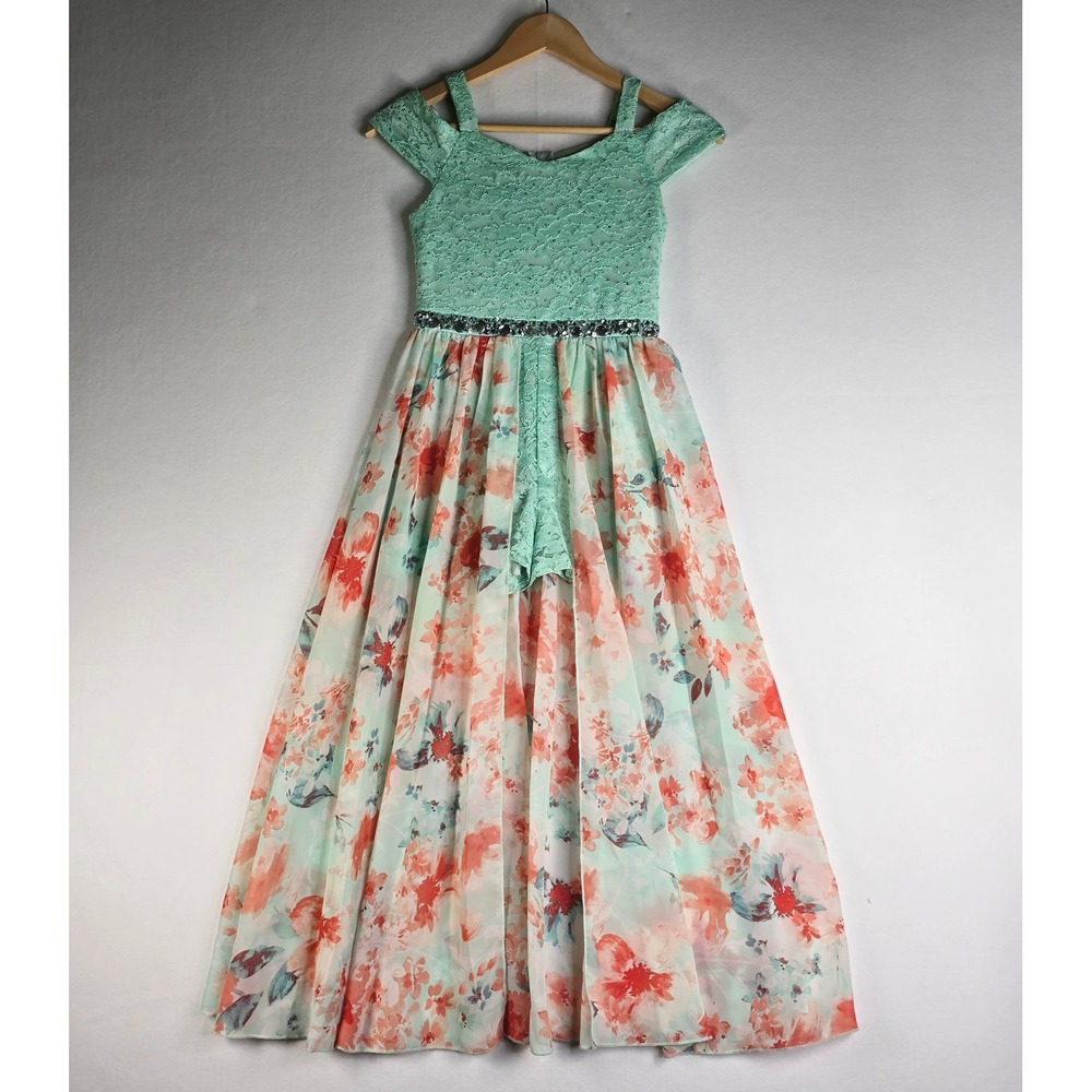 Speechless Kids Mint Green Lace Romper Maxi Dress Floral Chiffon Size 10